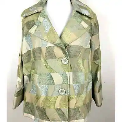 Erin London Jacket Coat Geometric Green Mocha Short Trench Collar Sz L • $11.90