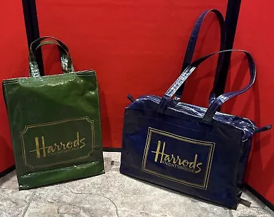 2x Vintage Harrods Knightsbridge Green & Blue Tote Shopper Bag Retro • £32