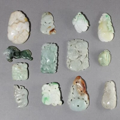 $27 • Buy 13Pc Vintage Chinese Carved Jadeite Jade Pendants Group Lot #2