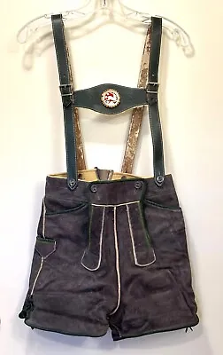 Vintage 50s Oktoberfest Grey Suede Lederhosen Carved Stag Suspenders • $30