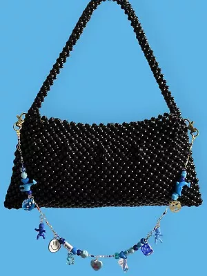 Handmade Blue White Gold Beaded Charm Bag Chain Dangling Accessory Faux Strap • $30