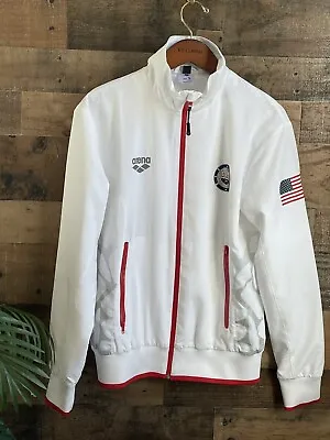 VTG Swim Team Arena USA Swimming Warm Up Jacket Zip White U.S Flag Men Sz Small • $39.99