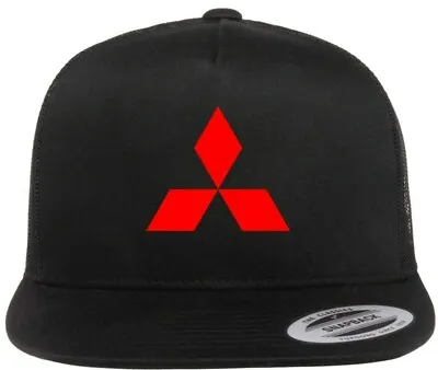 Mitsubishi Car Auto Logo Emblem Printed Black Hat Flat Bill Yupoong Trucker Cap • $22.99