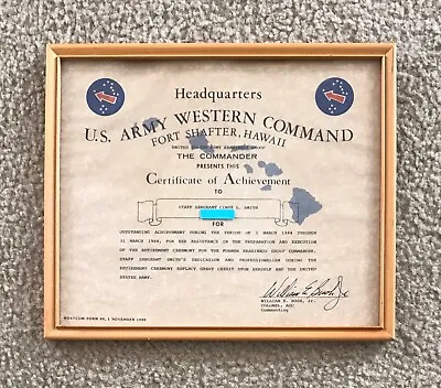 Framed US Army Western Command Fort Shafter HI Certificate Of Achievement 1984 • $24.99