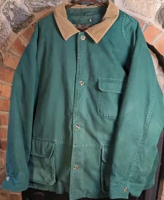 VINTAGE Eddie Bauer Green Canvas Jacket - Corduroy Collared Down Lining Size XL • $44.99