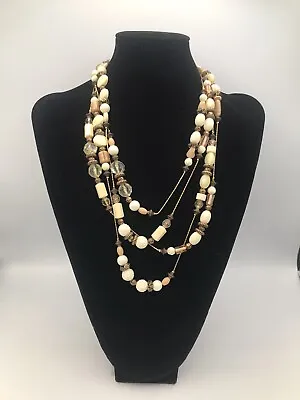 Long Strand Dabby Reid Signed Beaded Necklace Ivory/Beige/copper Tone 90”L • $25.46