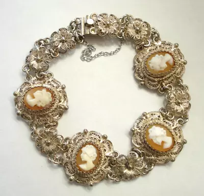 Vintage Carved Shell Cameo 800 Silver Fine Filigree Flower 7  Bracelet Italy 16g • $48.95