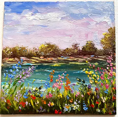 Original OIL Impasto PAINTING RIVER MEADOW Olga Diduh Impressionism 4 X4  • $39.99