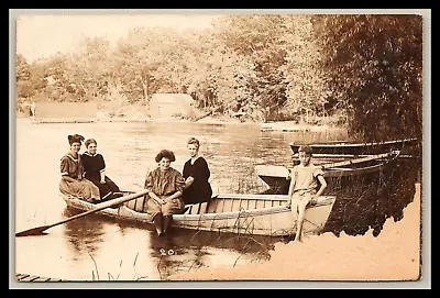 Vintage Rppc THREE RIVERS MICHIGAN Four Women Young Boy Row Boat REAL PHOTO 1908 • $9.99