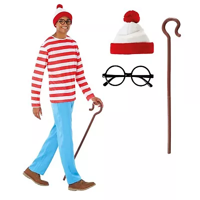 Mens Where`s Wanderer Costume Adult Red & White Stripe Book Day Fancy Dress M-XL • £29.99