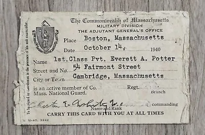 Vintage 1940 Commonwealth Of Massachusetts Military ID Card Scarce • $74.99