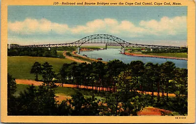 Vtg 1940s Railroad & Bourne Bridges Cape Cod Canal Massachusetts MA Postcard • $15.99