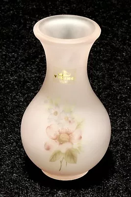 Vintage Viking USA Pale Pink Satin Glass Bud Vase With Floral Design 6  Tall  • $10