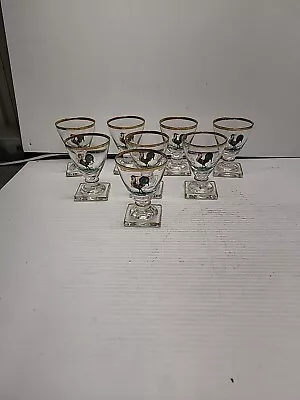 8 Vintage Deco Hand Painted  Rooster Cocktail Glasses Gold Trim • $32.99