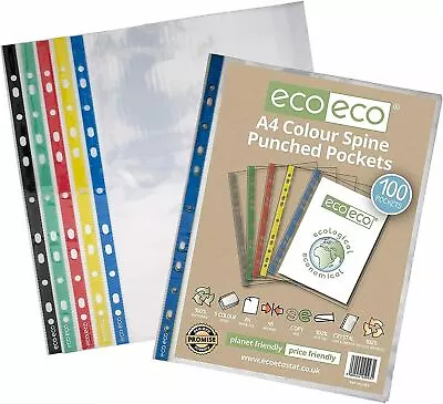 Eco Eco A4 Punched Pockets Coloured Spine Glass Clear 100% Recycled - Pack 100 • £8.45