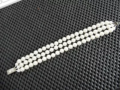 Vintage Triple Strand Faux Pearl Bracelet W/Gorgeous Single Rhinestone Clasp • $20