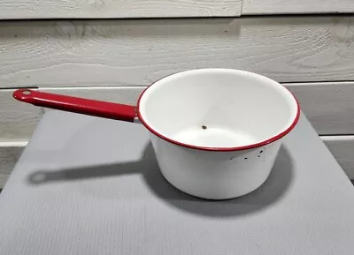 VTG Enamelware Pot/Saucepan White W/ Red Trim 8.25 X4.5  Hanging Hole No Lid TS • $17.89