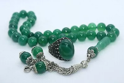 Islamic Green Agate Handmade Silver Mens Ring Masbaha 33 Prayer Beads • $170