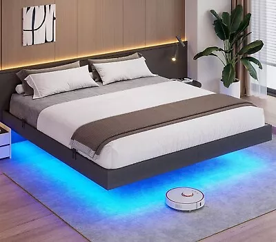 King Size Floating Bed Frame With LED Lights Modern Upholstered Platform Bed • $139.97