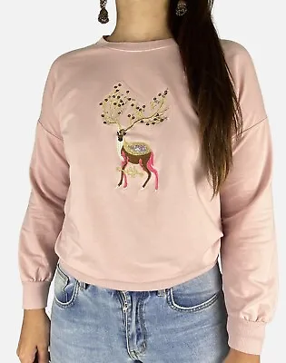 Baby Pink Reindeer Embroidered Sequin Embellished Christmas Sweater Size 6 8 10 • $8