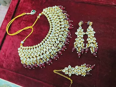 Traditional Gold Plated Kundan Choker Necklace Jhumki Earring & Maang Tikka Set • $35.99