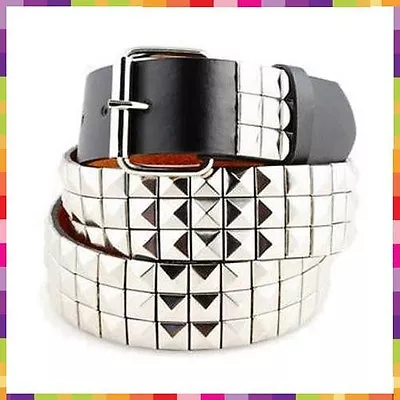 Mens Womens 3-Row Metal Pyramid Studded Leather Belt  Checker Punk Rock Goth Emo • $9.95