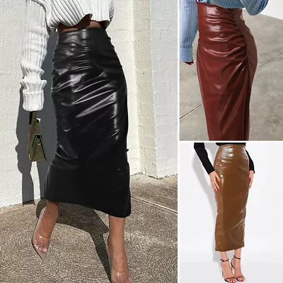 UK 8-24 Womens Faux Leather Wet Look Midi Skirts Bodycon Pencil Slim Skirt  • £13.71