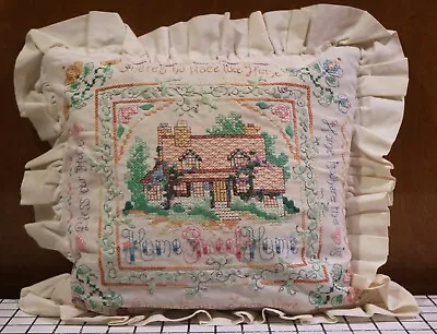 Vtg Pillow Cover Embroidered Home Sweet Home Cross Stitch Handmade 18  • $19.99