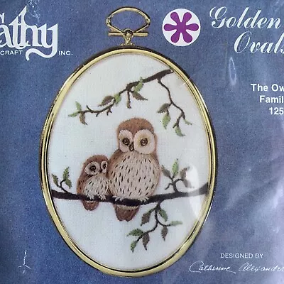 The Owl Family Vintage Crewel Kit Cathy Golden Ovals With Frame NIP 3x4 • $18