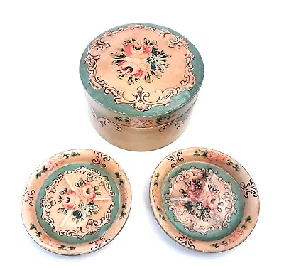 Vintage Lacquered Paper Mache Round Box Plus 2 Coasters - Made In Occupied Japan • $11.66