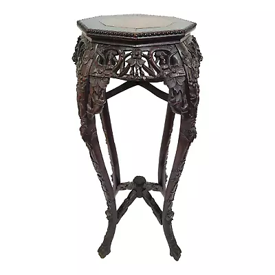 Antique ASIAN Chinese CARVED Teakwood MARBLE Tabouret PEDESTAL Table PLANT STAND • $497.25