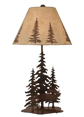 Rust Streaked Iron Trees Elk Country Cabin Table Lamp W/Pine Tree Shade • $239.95