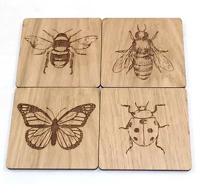 Insect Coasters In Oak Veneer Countryside Perfect Unique Gift X 4 • £7.99