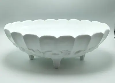 Vintage White Milk Glass Large 12  Oval Footed Scalloped Fruit Pattern Bowl • $19.99