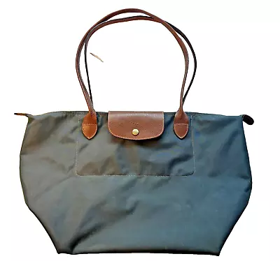 Longchamp Le Pliage Shopping Tote Large Slate Gray Gold Hardware VGC • $46