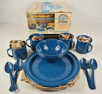 Vtg 16Pc Set Cinsa Blue Speckle Enamelware Camping Sierra Table Set Orig Box New • $39.95