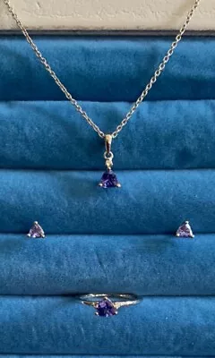 AAA Tanzanite Earrings Ring And Pendant Necklace In Platinum Over SS - Size 6 • £67.35