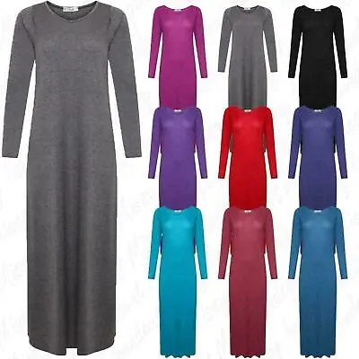 Womens Long Sleeve Long Maxi Dress Ladies Plain Maxi Jersey Plus Size 8-26 • £9.19