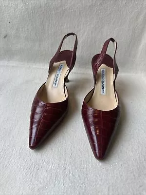 Manolo Blahnik CAROLYNE Red ALLIGATOR CROCODILE Slingback 36 • $275