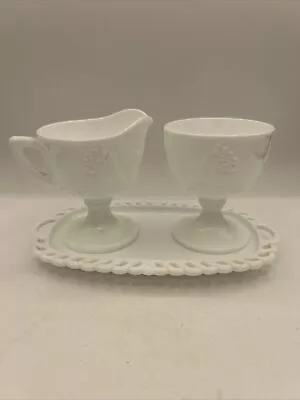 Vintage Harvest Milk Glass Creamer Sugar Bowl And Tray By Colony Grapes/Leaves • $12