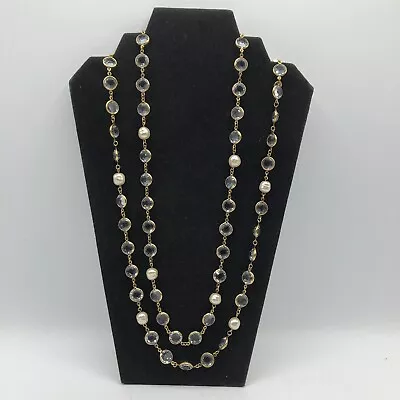 Vintage 1981 Chanel Gold Clear Crystal Pearl Chicklet 28  Necklace Long Jewelry • $1199.99