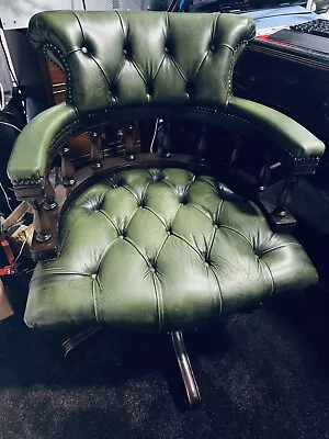 Vintage Green Leather Chesterfield Captains Swivel Office Chair • £300