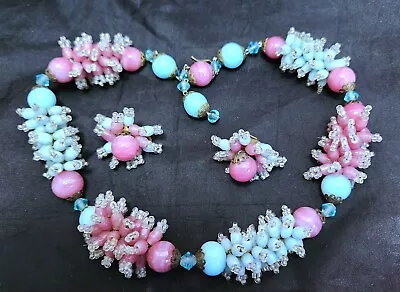 Vintage Coppola E Toppo Italy Pink Blue Venetian Murano Glass Necklace Earrings • $249