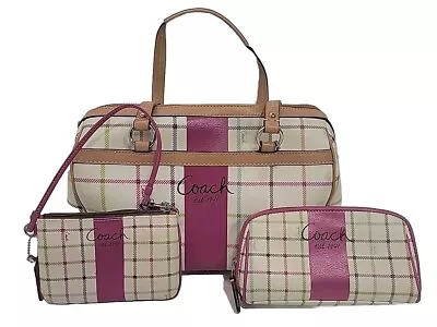 Coach 3 Piece Set Peyton Signature Tattersall Tote Purse Handbag Plaid Leather • $54.99