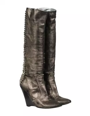 Guiseppe Zanotti Spike Studded Knee High Wedge Boots US 7 EU 37 Gray Leather • $237.12