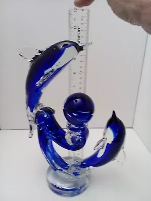 10.75  VTG MCM Murano Style Hand Blown Cobalt Blue/Clear Art Glass Dolphin's 3lb • $65