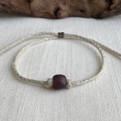 Organic Natural Hemp Anklet Dark Purple Recycled Glass Bead Adjustable • $11