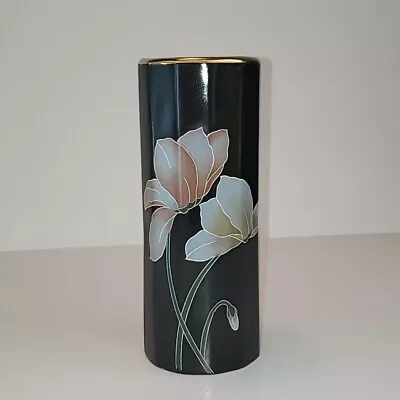 80's Vintage  Black  Vase  Gold Trim 5.75  T Floral Design  • $10