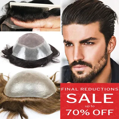 $62.37 • Buy Men Frontal PU LACE Toupee Hair 100% Virgin Human Hair Replacement System Gray