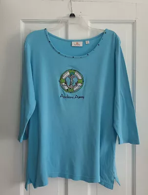 QUACKER FACTORY Turquoise Rhinestone Embellished Top “Anchor's Away” Size M • $15.95